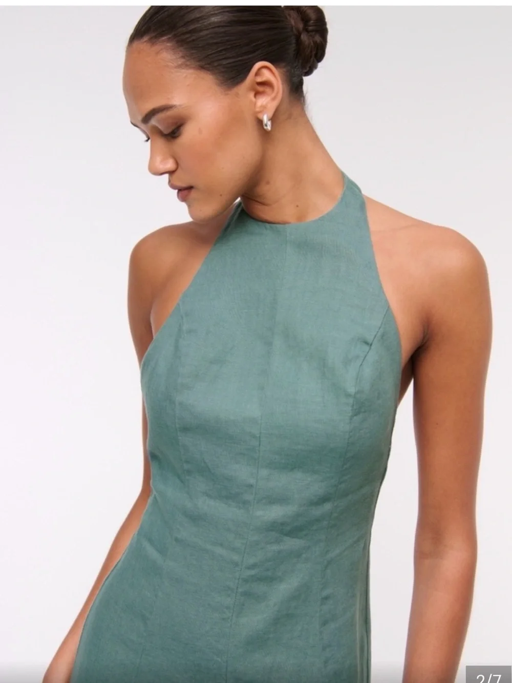 Abercrombie Fitch Premium Linen Maxi Dress High Neck Halter Sage Teal ST